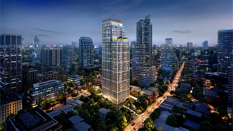 Architectural rendering of InterContinental Residences Bangkok Asoke within the evening cityscape