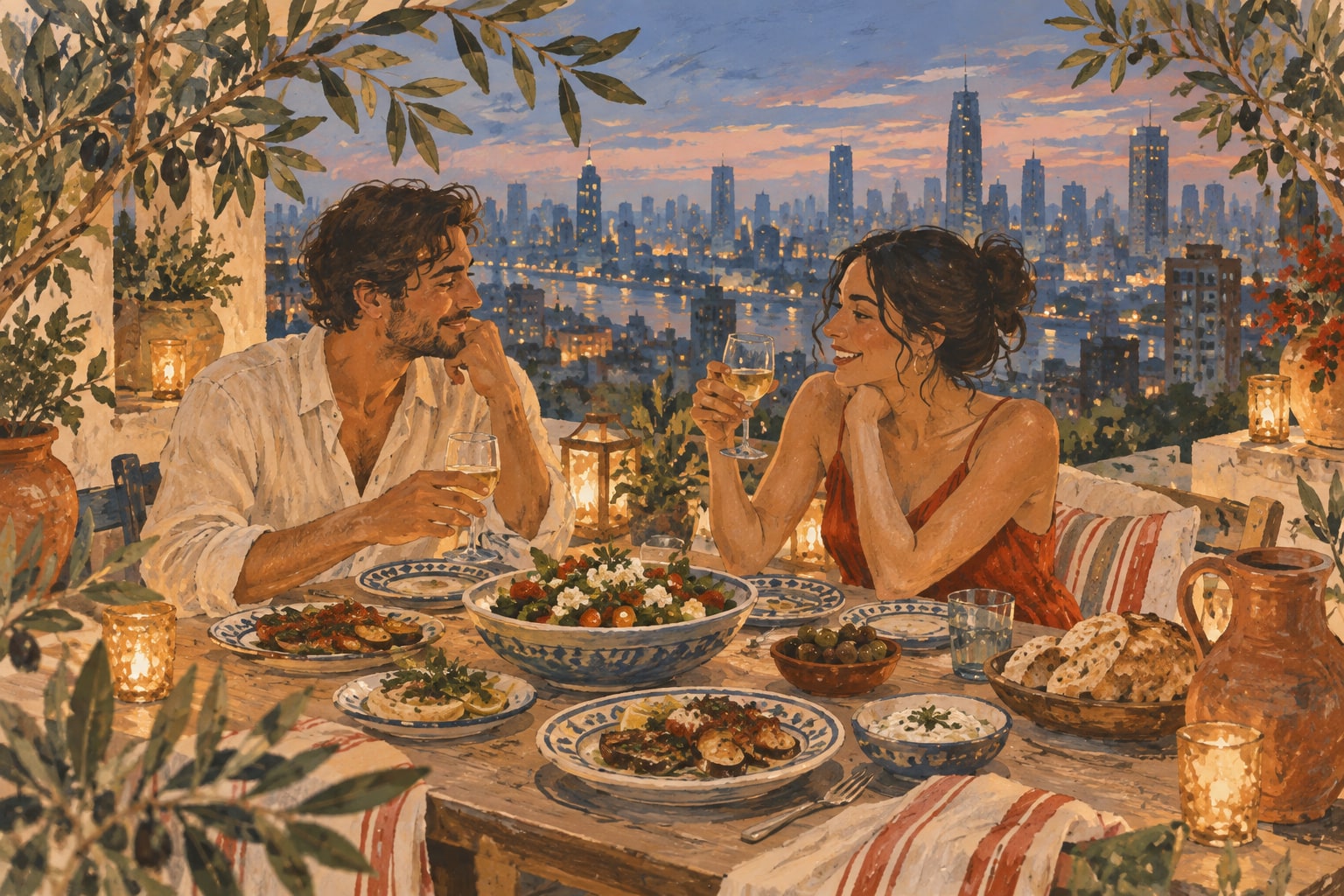 Illustration of two people sharing dinner on a leafy rooftop above the Bangkok skyline