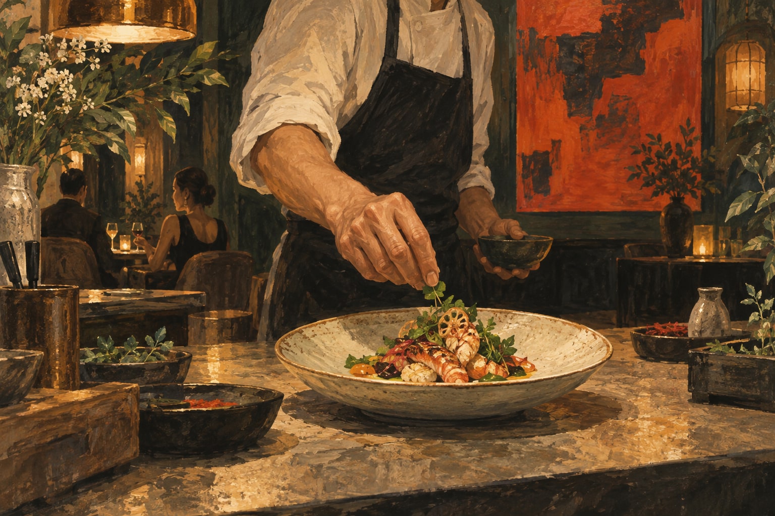 Illustration of a chef arranging a plate in a bistro with abstract paintings