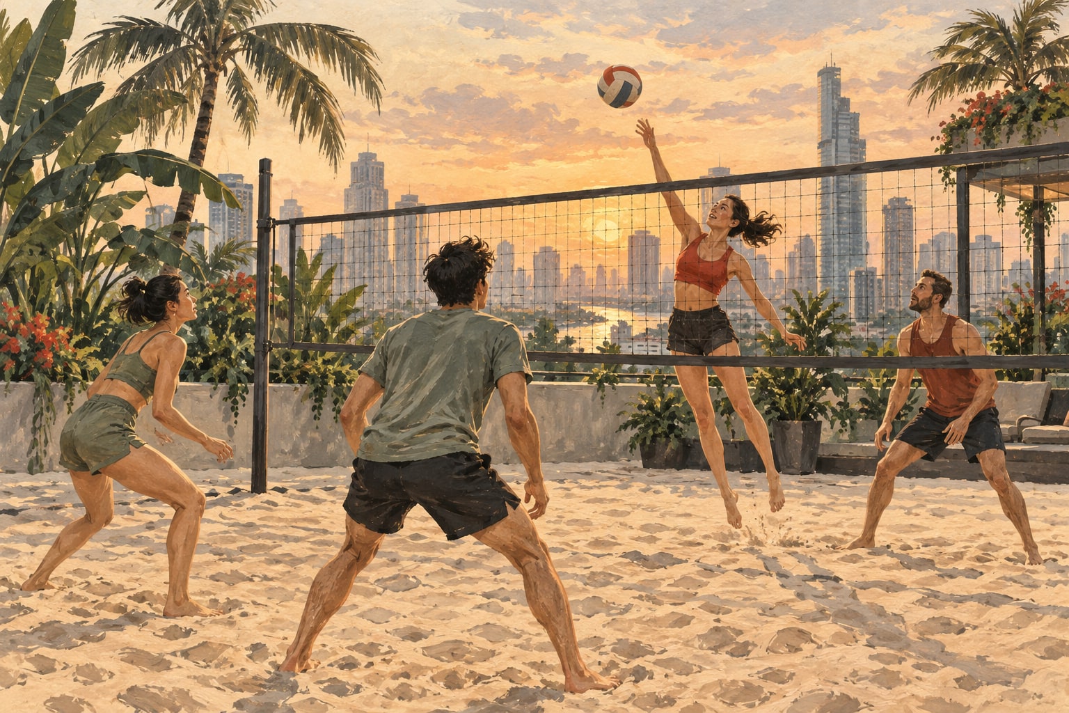 Illustration of adults playing volleyball on a rooftop sand court among city buildings