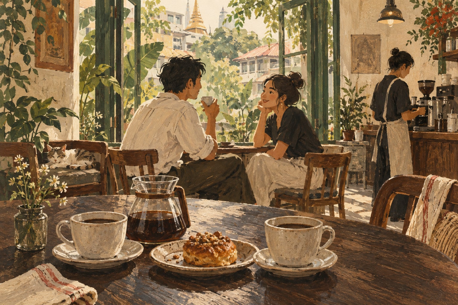 Illustration of coffee and a pastry at a leafy cafe, with people talking at the next table