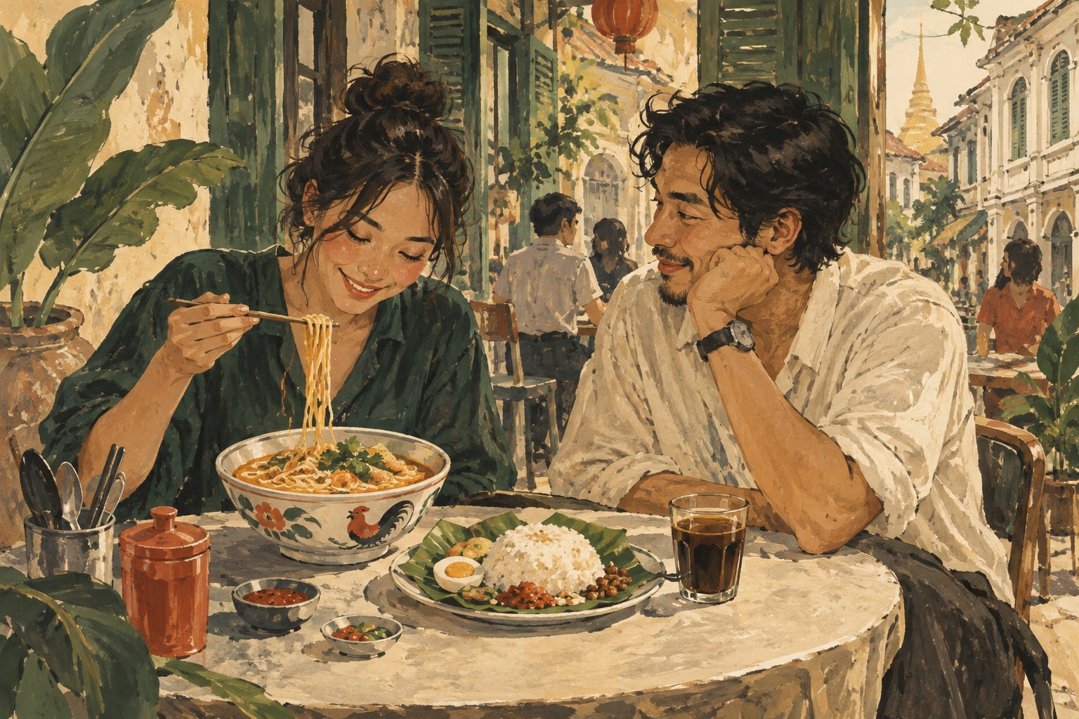 Illustration of two diners sharing noodles in a small neighbourhood restaurant