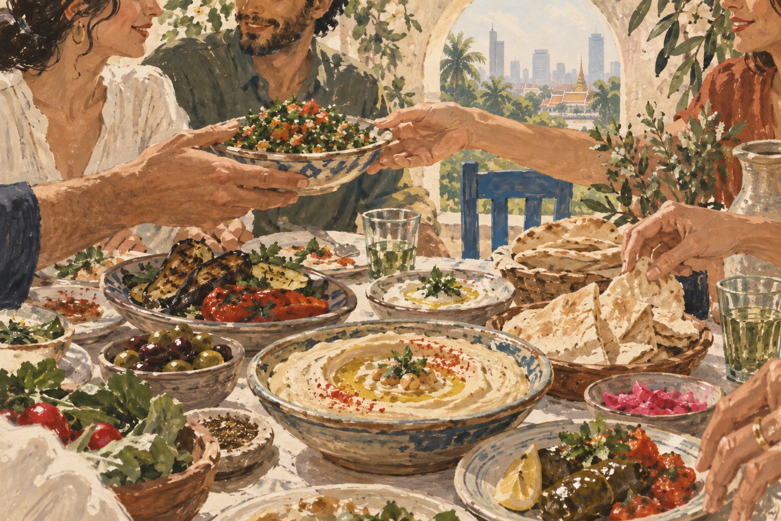 Illustration of hands sharing hummus, flatbread and Lebanese dishes around a table