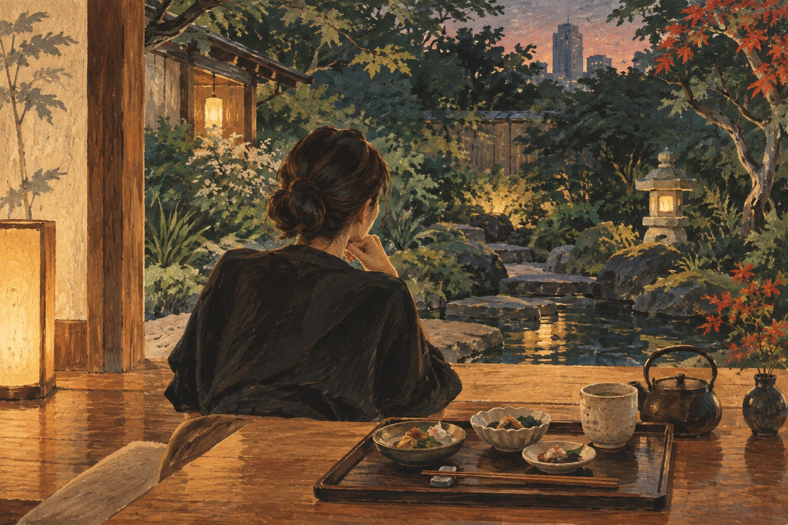 Illustration of a Japanese meal beside a window overlooking a quiet green garden