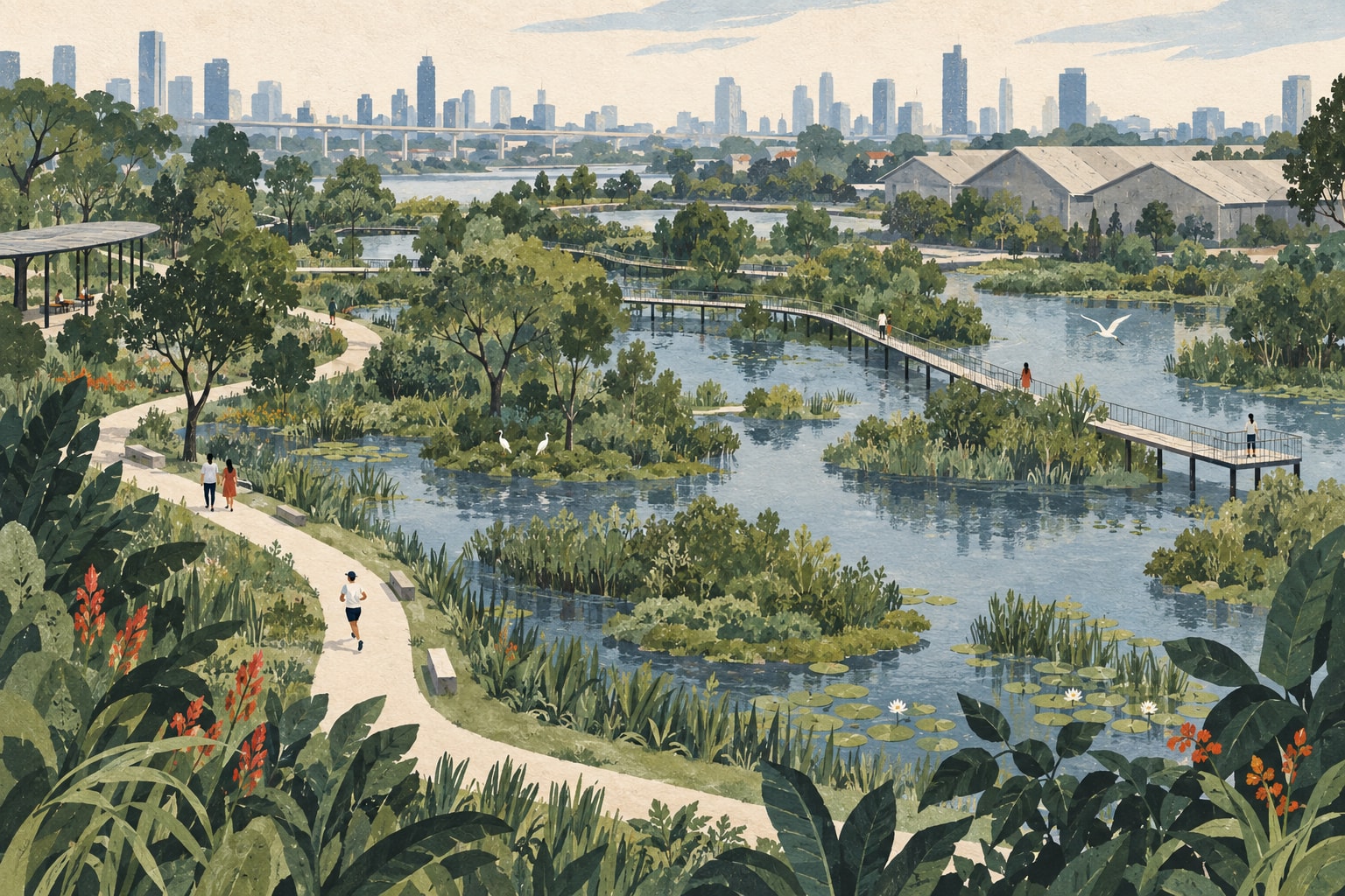 Editorial illustration: Wetland islands and walking paths meet old warehouse forms in an imagined Bangkok park.