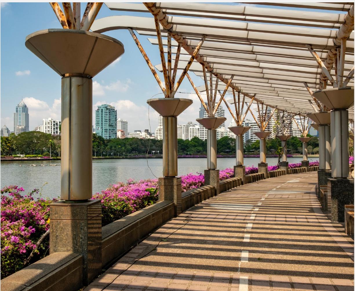 Covered walkway beside the lake at Benjakitti Park
