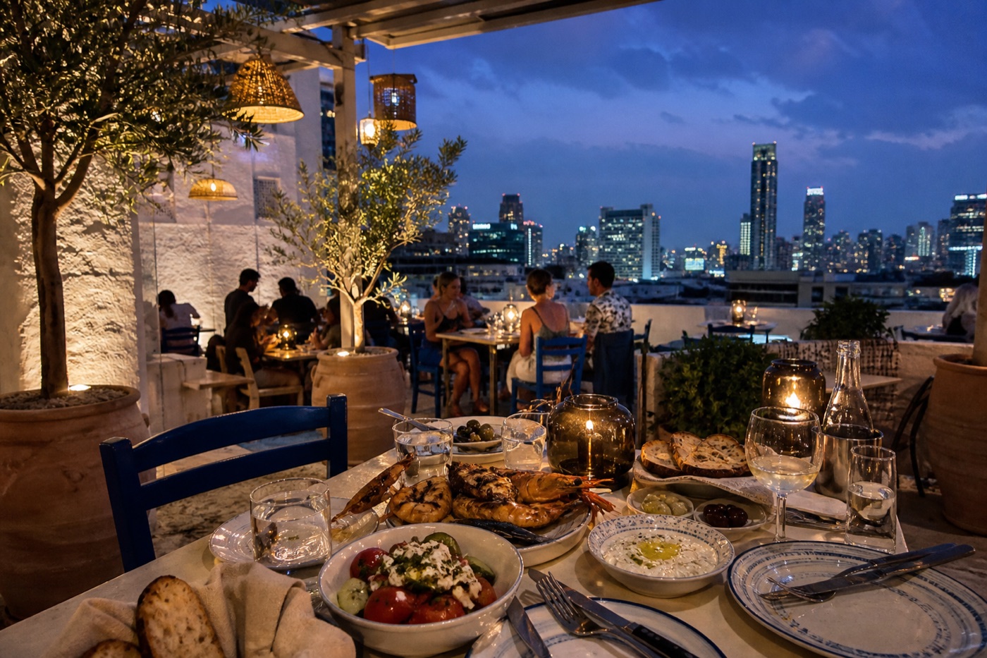 Illustrative Greek rooftop restaurant with olive trees, shared dishes and the Bangkok skyline at blue hour