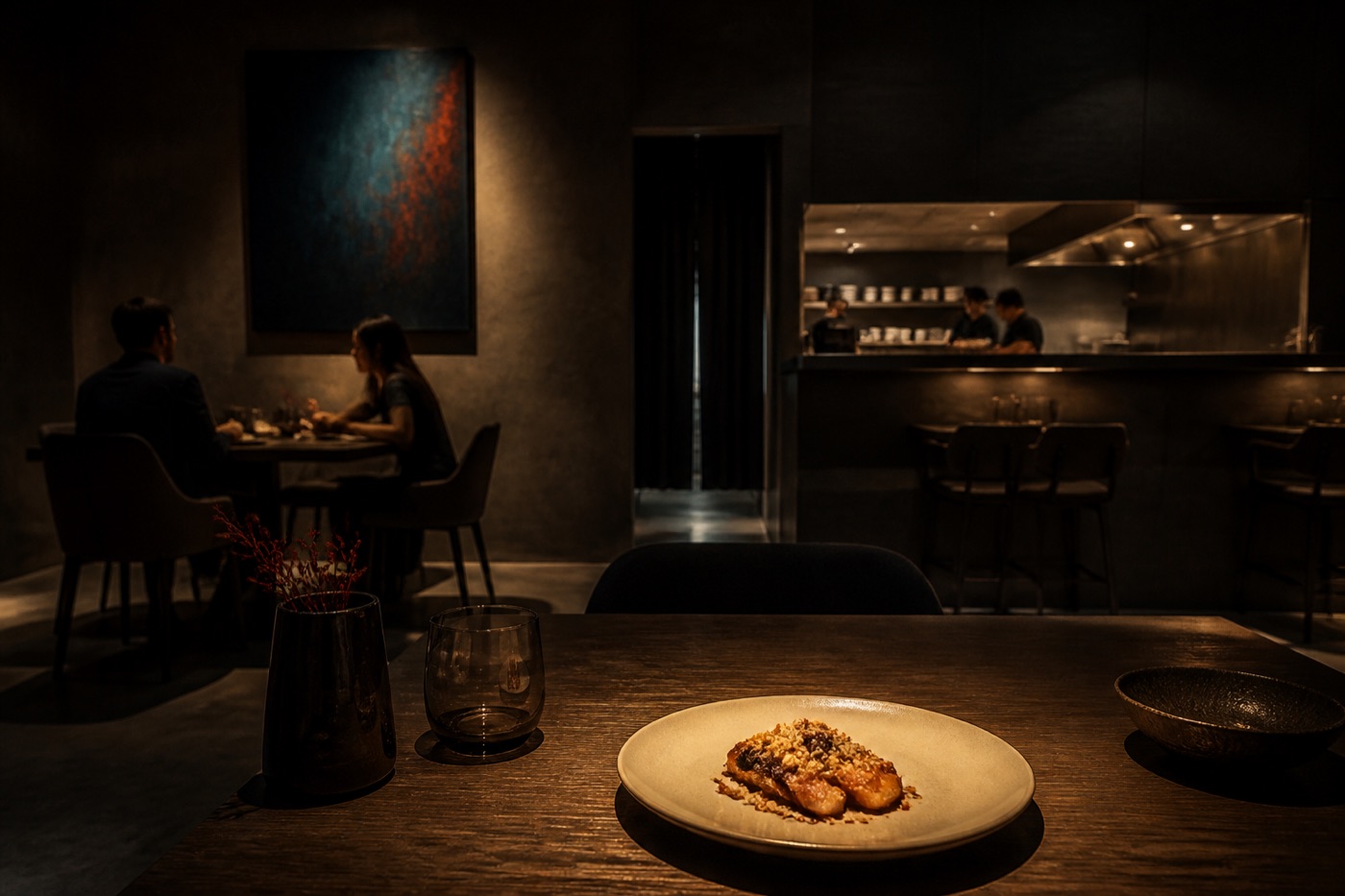Illustrative dark contemporary bistro with abstract art, an open kitchen and a restrained plated course
