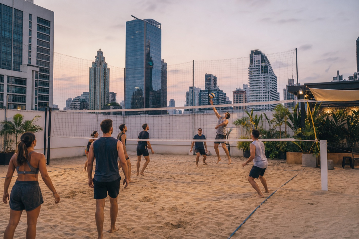 Illustrative group playing beach volleyball on a rooftop sand court surrounded by Bangkok buildings