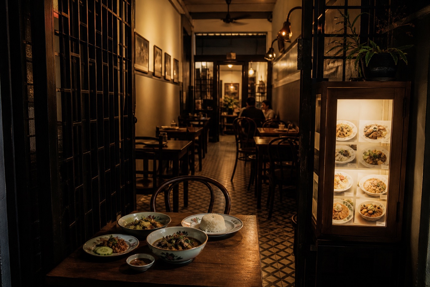 Illustrative warmly lit Malaysian restaurant behind a dark metal-grid entrance with small dining tables