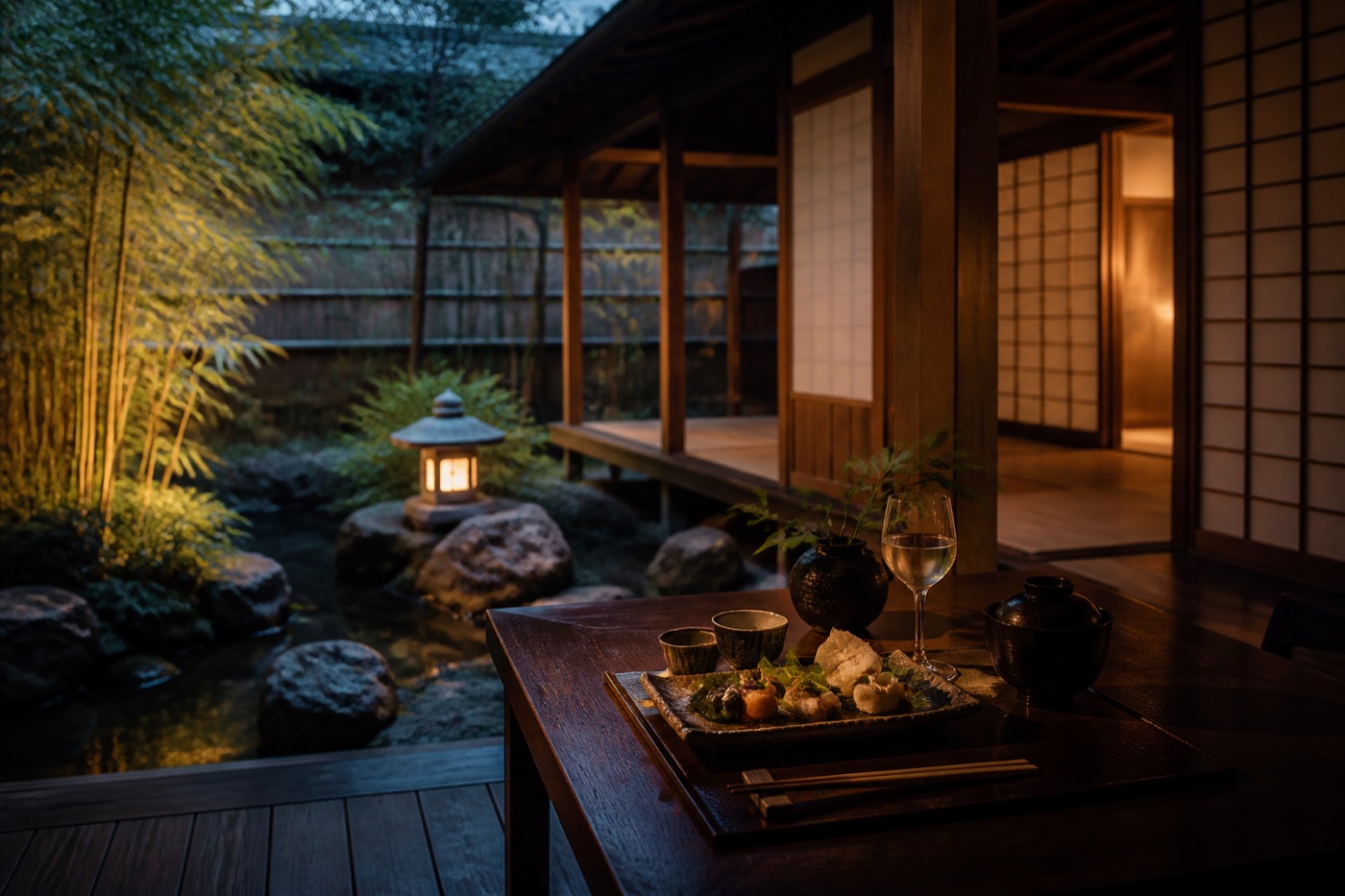 Illustrative Japanese garden restaurant with a timber pavilion, stone lantern and a restrained dinner setting