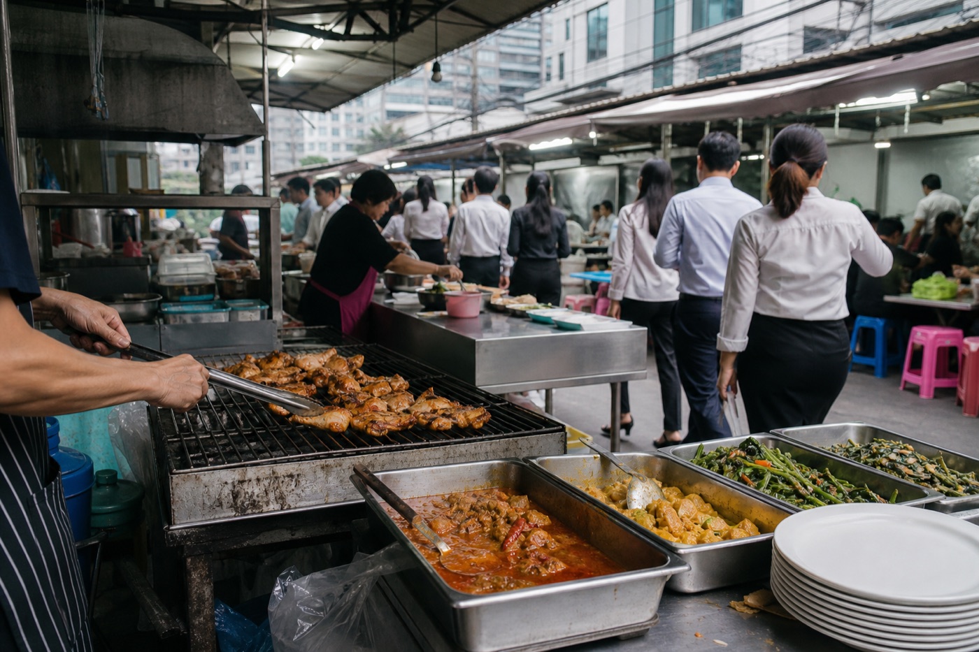 Illustrative covered Bangkok lunch market with grilled chicken, curry trays and office workers